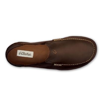 OluKai | Moloā Men's Leather Slip On Shoes - Dark Wood / Dark Java
