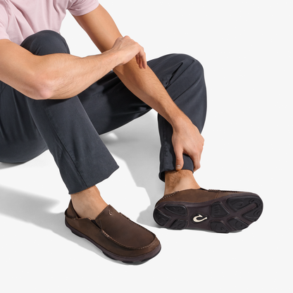 OluKai | Moloā Men's Leather Slip On Shoes - Dark Wood / Dark Java