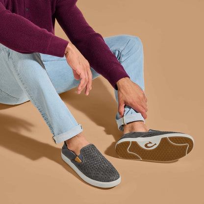 OluKai | Lae‘ahi Lauhala Men's Leather Slip-On Sneakers - Ash