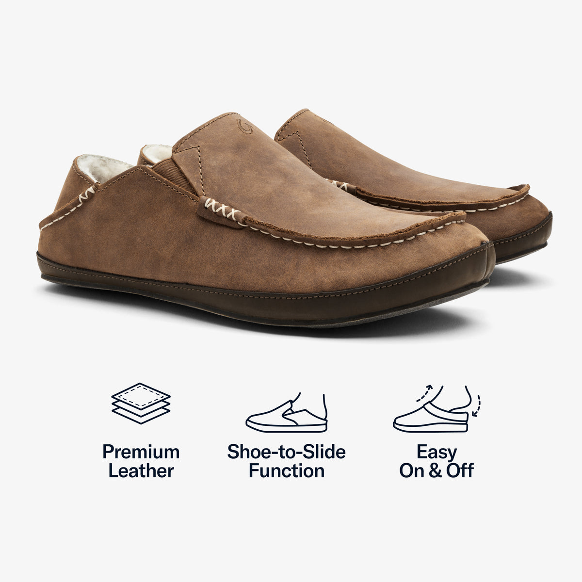 OluKai | Moloā Men's Leather Slippers - Toffee / Dark Wood