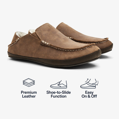 OluKai | Moloā Men's Leather Slippers - Toffee / Dark Wood
