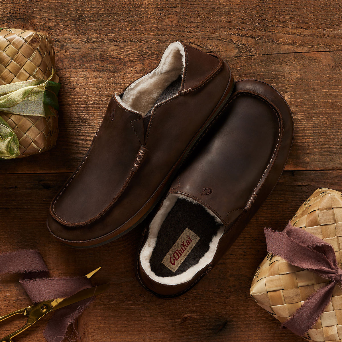 OluKai | Moloā Men's Nubuck Leather Slippers - Dark Wood
