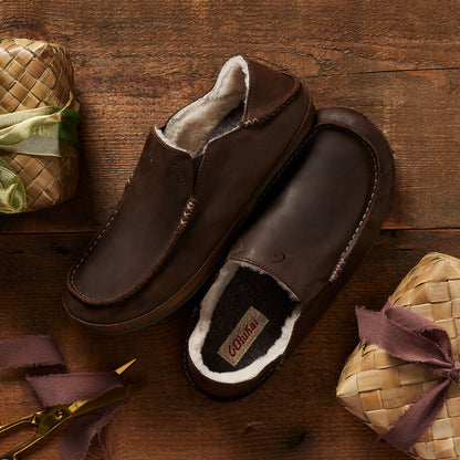 OluKai | Moloā Men's Nubuck Leather Slippers - Dark Wood