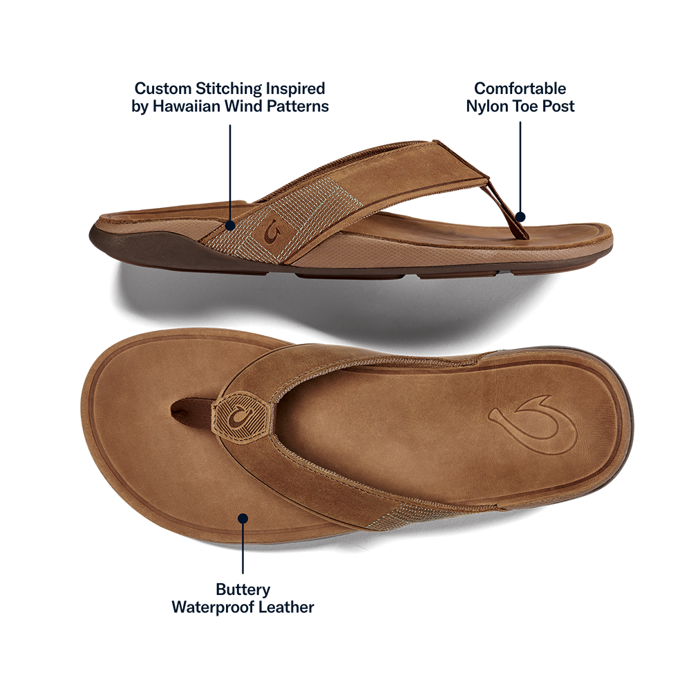 OluKai | Tuahine Men's Waterproof Leather Beach Sandals - Toffee