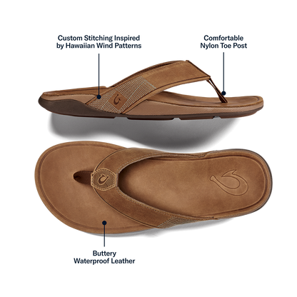 OluKai | Tuahine Men's Waterproof Leather Beach Sandals - Toffee