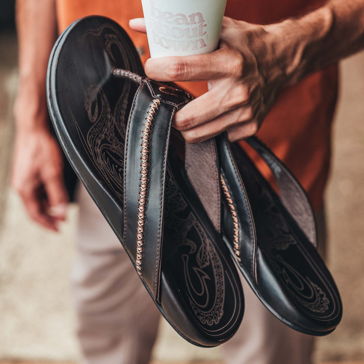 OluKai | Mea Ola Men's Leather Beach Sandals - Dark Java