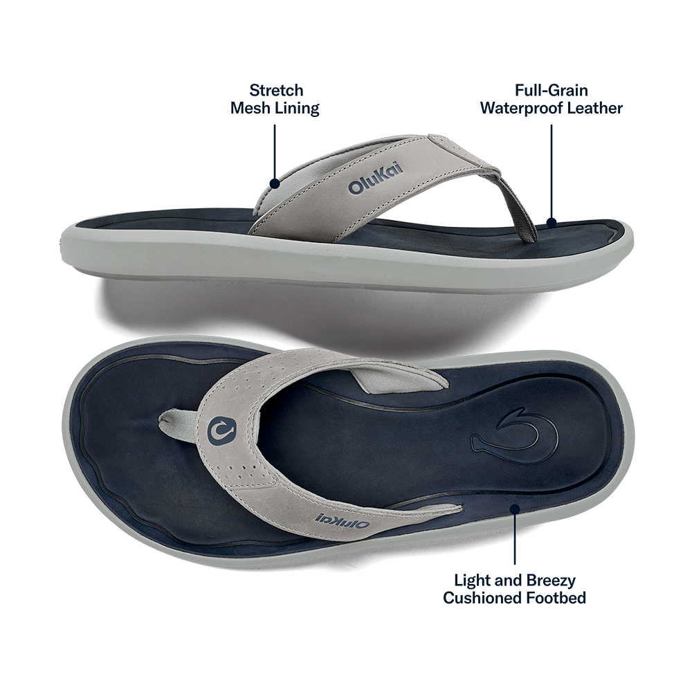 OluKai | Pili Men’s Waterproof Leather Sandals - Ash / Mood Indigo