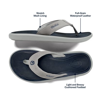 OluKai | Pili Men’s Waterproof Leather Sandals - Ash / Mood Indigo