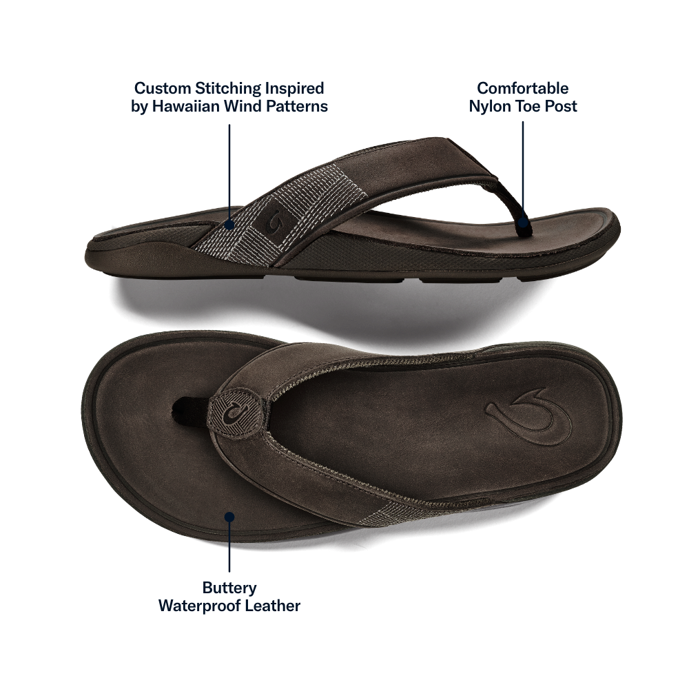 OluKai | Tuahine Men's Waterproof Leather Beach Sandals - Dark Wood