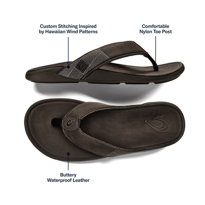 OluKai | Tuahine Men's Waterproof Leather Beach Sandals - Dark Wood