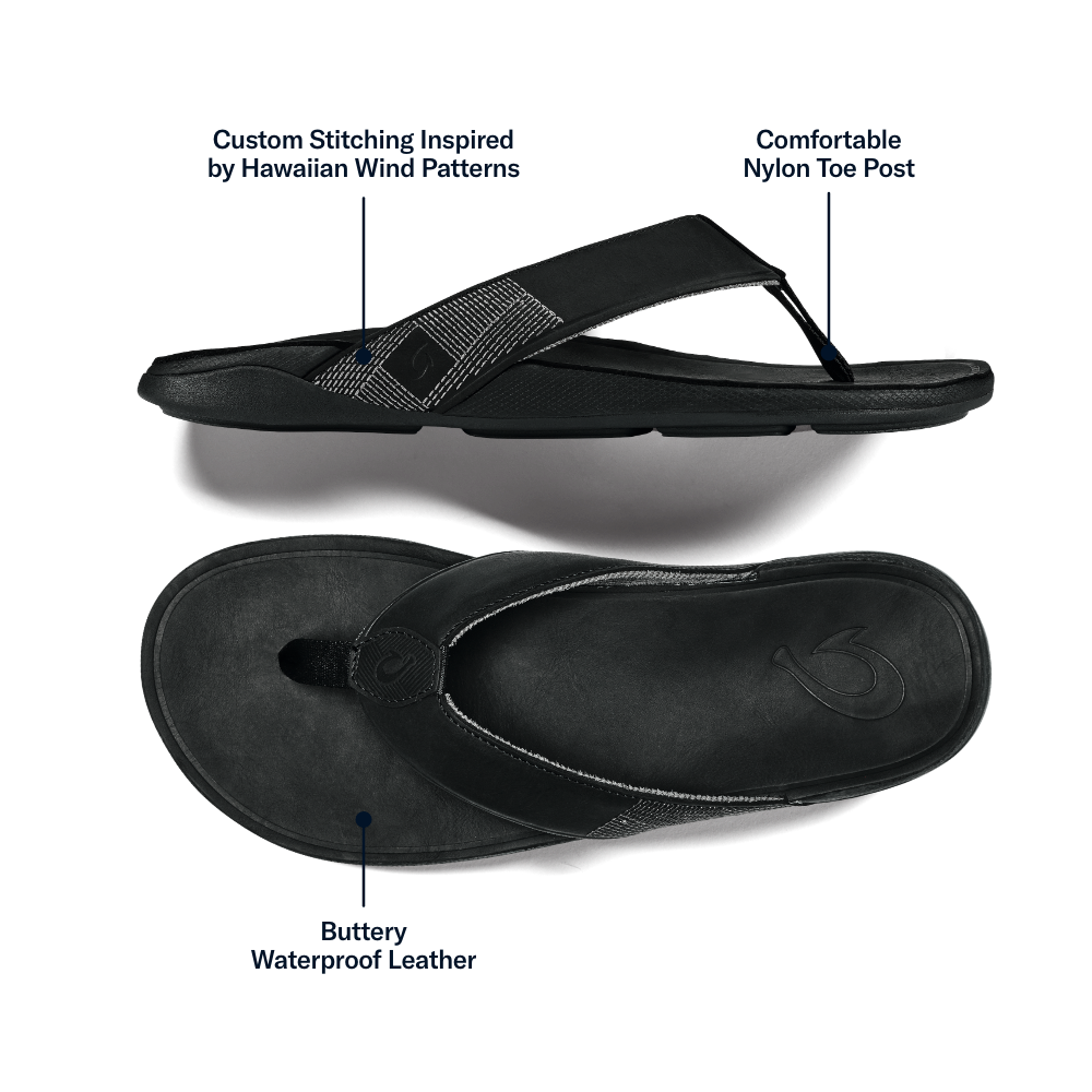 OluKai | Tuahine Men's Waterproof Leather Beach Sandals - Black