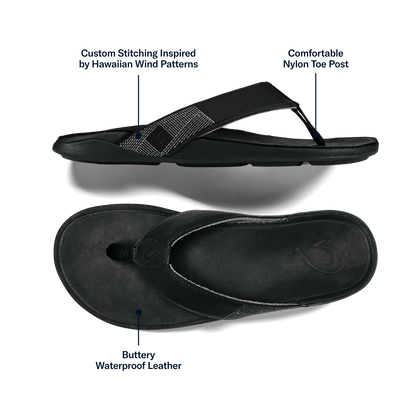 OluKai | Tuahine Men's Waterproof Leather Beach Sandals - Black
