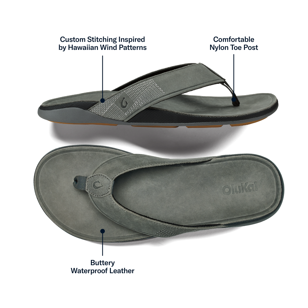 OluKai | Tuahine Men's Waterproof Leather Beach Sandals - Rock