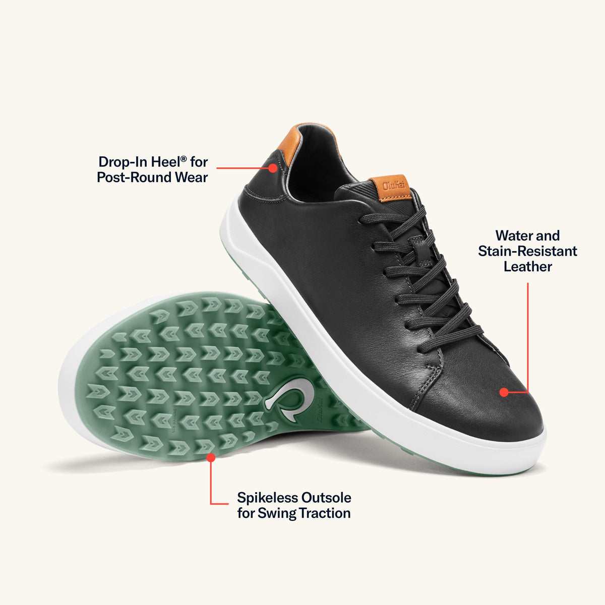 OluKai | Wai‘alae Men’s Waterproof Leather Golf Shoes - Black